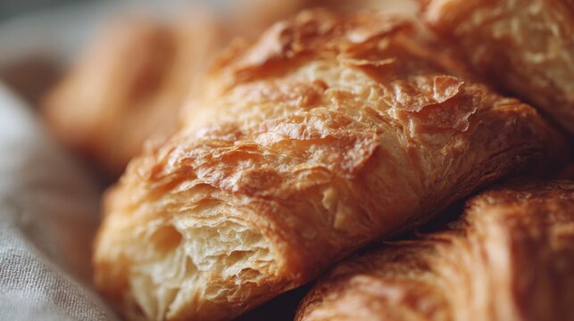 Close-up of a group of freshly baked croissants. the pastries are golden brown in color and have a flaky texture. they are arranged in a pile, with some overlapping each other.