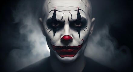 Dramatic portrait of a clown with sinister makeup against a dark background