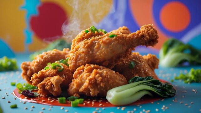Close-up of crispy golden fried chicken drumsticks garnished with green onions sesame seeds and bok choy on a colorful plate placed on a vibrant patterned background with soft light and steam rising.