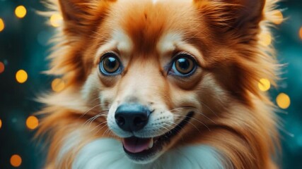 Close-up of a fluffy orange dog with bright eyes and a warm smile against a blurred background of colorful lights showcasing the dog's lively and friendly demeanor throughout the video