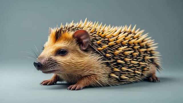 Close-up of a hedgehog with distinctive spiky fur showcasing detailed textures and colors sitting on a smooth gray surface in soft natural lighting emphasizing its body and facial features throughout