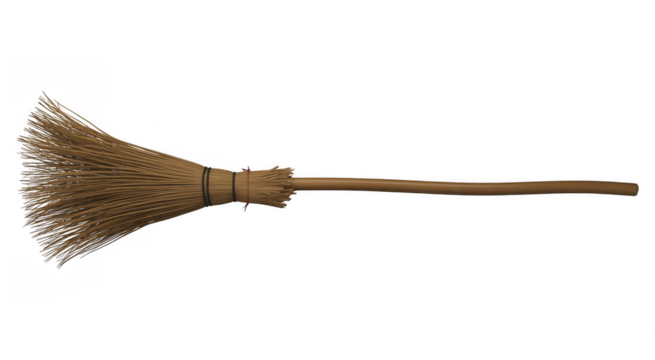 Traditional straw broom with wooden handle isolated on a transparent background