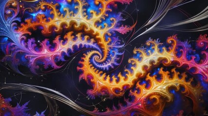 Colorful swirling fractal patterns in shades of blue orange and purple featuring intricate designs and flowing motion against a dark background showcasing vivid textures and dynamic compositions.