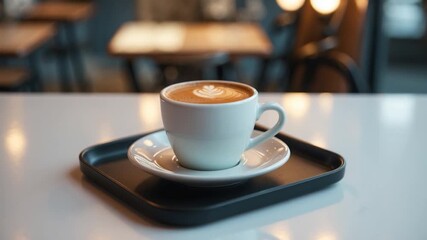 Close-up of a steaming cup of coffee on a black tray with a delicate latte art design set on a white table in a cozy café environment with blurred background details - Powered by Adobe