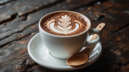 Close-up of a beautiful white ceramic coffee cup filled with rich frothy cappuccino featuring detailed latte art sitting on a rustic wooden table with a teaspoon beside it illuminated by soft natural - Powered by Adobe