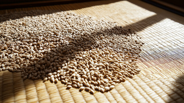 foolishness. Barley grains drying on a mat under soft, natural sunlight. menu design, packaging mockups, designed for culinary blogs and recipe cards for restaurants, used by account managers.