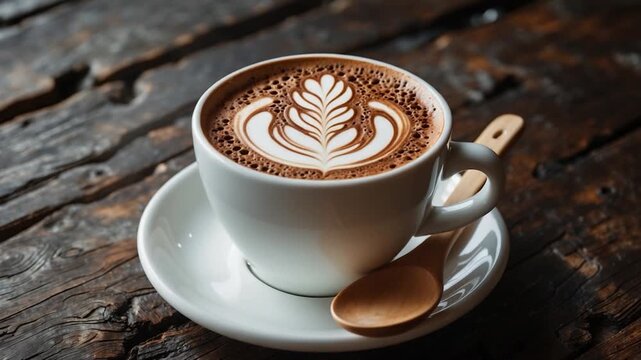 Close-up of a beautiful white ceramic coffee cup filled with rich frothy cappuccino featuring detailed latte art sitting on a rustic wooden table with a teaspoon beside it illuminated by soft natural
