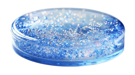 High-level macro photograph of a transparent glass Petri dish lined with black gel or liquid on a transparent background