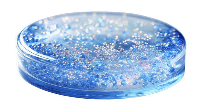 High-level macro photograph of a transparent glass Petri dish lined with black gel or liquid on a transparent background