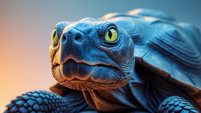 Close-up of a realistic turtle with textured skin and vibrant yellow eyes set against a soft gradient background showcasing warm tones and subtle depth with a shell detailed in shadows and highlights