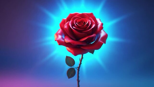 Close-up of a vibrant red rose with glowing blue light effects showcasing intricate petal details and leafy green stem against a softly lit colorful background in a stunning visual display