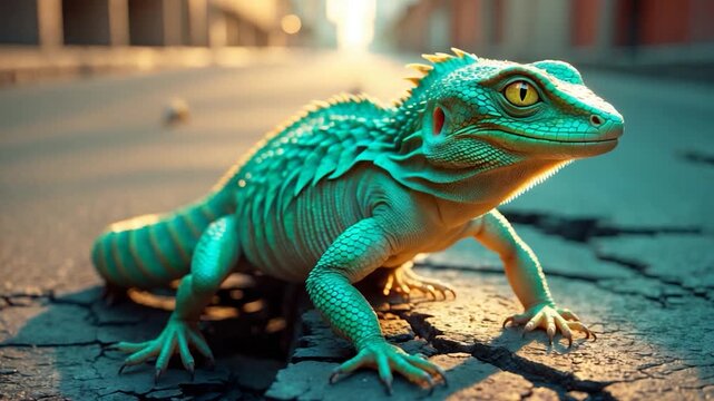 Vibrant green lizard walking across cracked asphalt in soft natural light medium close-up shot highlighting textures and colors with warm sunlight illuminating its scales