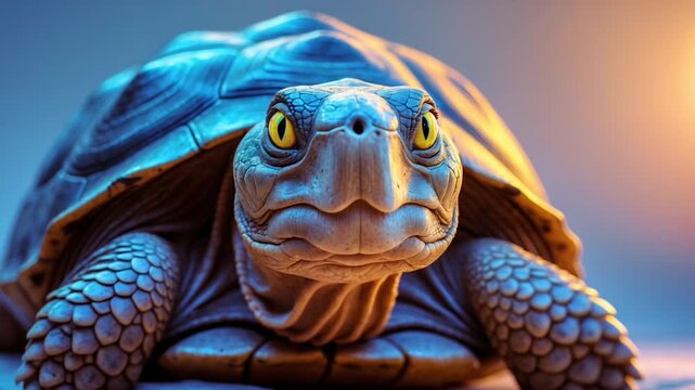 Close-up of a tortoise slowly moving forward showcasing detailed shell texture under soft warm light with a vibrant gradient background highlighting the unique patterns and colors of its skin and