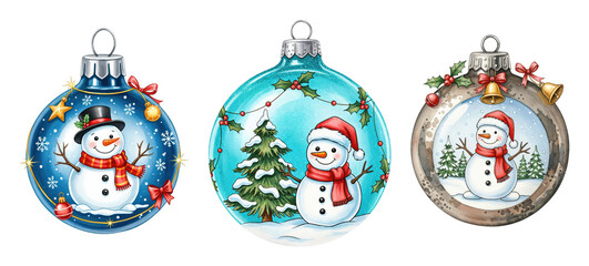 Three festive Christmas ornaments featuring charming snowman designs in winter wonderland scenes, colorful glass baubles for holiday decoration