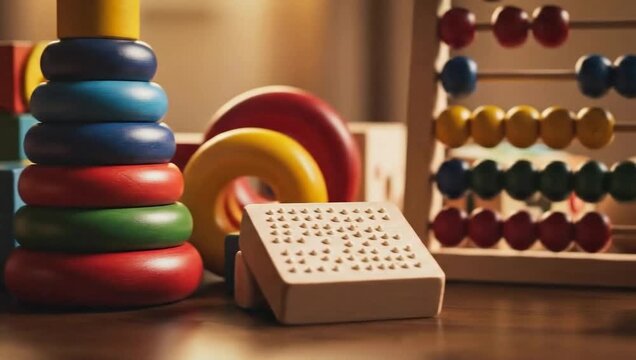 Wooden Educational Toys Including Braille Blocks and Stacking Rings