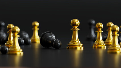 Golden Chess King Stands Triumphant: Fallen Black Pieces Mark Strategic Victory