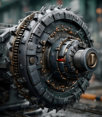 Highly detailed industrial machine rotor with rugged mechanical components, textured metal surfaces, complex gears, bolts and heavy engineering design captured in dramatic close-up perspective
