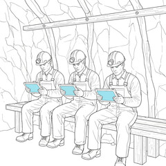 Three miners in hard hats and overalls sit on a bench in an underground mine, each focused on a digital tablet device.