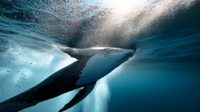 Killer whale (orca) swimming underwater, powerful and majestic marine predator animation in clear blue ocean