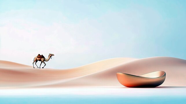 A lone camel traverses a serene desert landscape with soft sand dunes and a striking golden bowl.