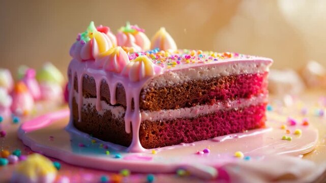 Colorful slice of pink layer cake topped with swirled meringue and vibrant sprinkles melting icing oozing onto a wooden surface captured in soft warm light with a shallow depth of field