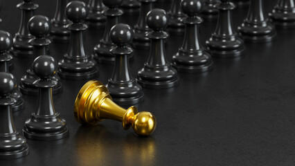 Golden Chess Pawn Among Numerous Black Pawns: Symbolizes Strategic Individuality & Competitive Standout