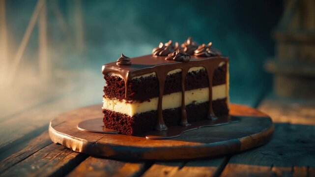 Decadent chocolate layer cake with creamy filling showcasing rich textures and glossy glaze beautifully presented on a wooden board with soft atmospheric lighting highlighting dark and warm tones