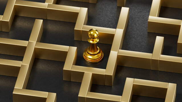 Golden Chess Pawn in Gold Maze: Symbolizes Strategic Navigation to Success Amid Challenges