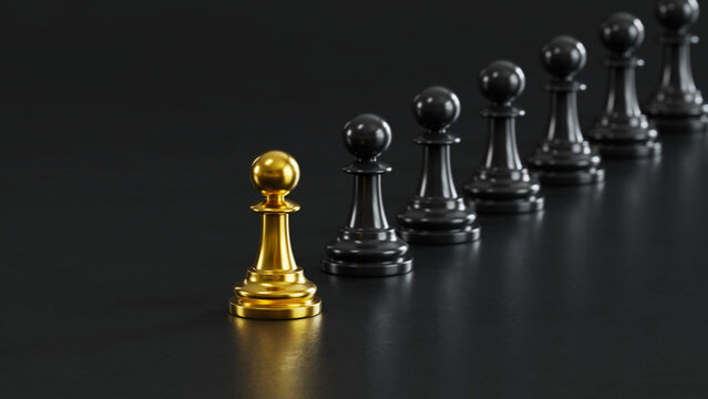Golden Chess Pawn Standing Uniquely with Courage Apart from Black Pawns on dark Background