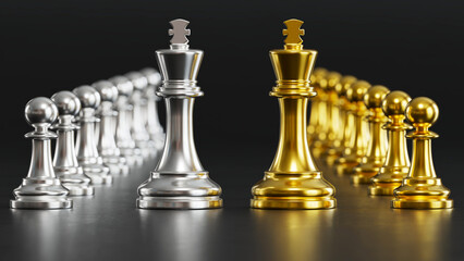 Silver and Golden Chess Kings with Teams: Symbolizes Strategic Rivalry in Competitive Leadership