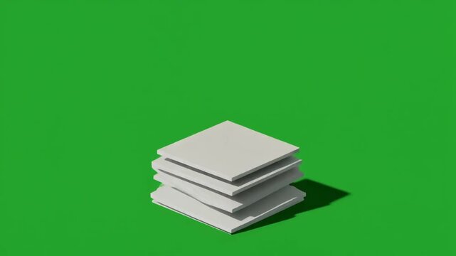 A stack of light grey square tiles or coasters casting a shadow on a vibrant green background.