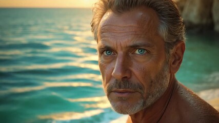 Close-up of a middle-aged man with striking blue eyes gazing intently at the camera against a serene beach backdrop during sunset with gentle waves lapping the shore