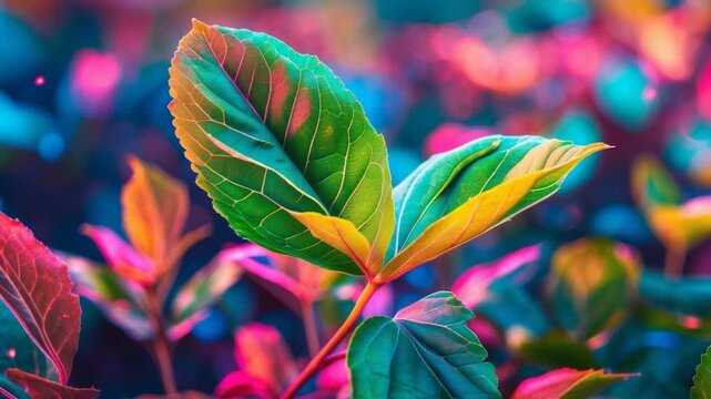 Close-up of vibrant green plant leaves with pink and purple background gradually shifting in lighting showcasing intricate leaf structures and textures in a lush outdoor environment