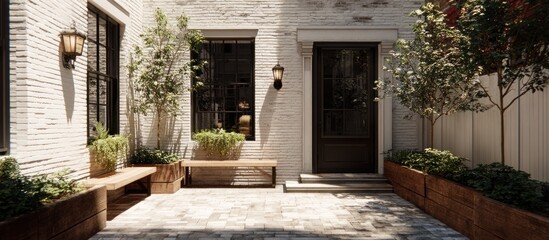 Fototapeta premium Elegant Courtyard Entrance with Lush Greenery and Warm Lighting.
