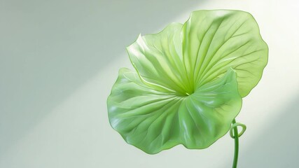 Close-up of a vibrant green lotus leaf gradually opening and revealing detailed textures under soft natural light set against a light backdrop emphasizing its organic beauty and smooth curves.