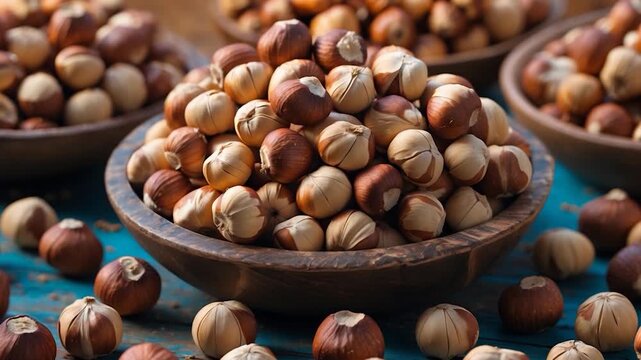 Close-up of a beautifully arranged wooden bowl filled with various types of nuts including hazelnuts and filberts scattered on a rustic turquoise surface with warm natural light highlighting textures