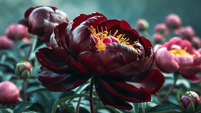 Close-up of rich burgundy peony flowers blooming with intricate yellow stamen surrounded by green foliage in a lush outdoor garden captured in soft natural light