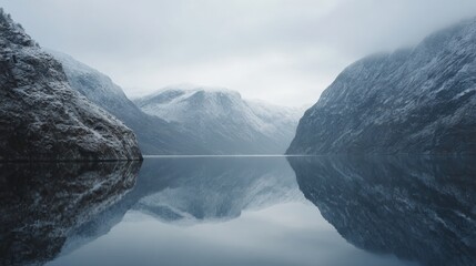 Landscape photograph of a mountain range with a body of water in the foreground. the mountains are covered in snow and the sky is overcast.