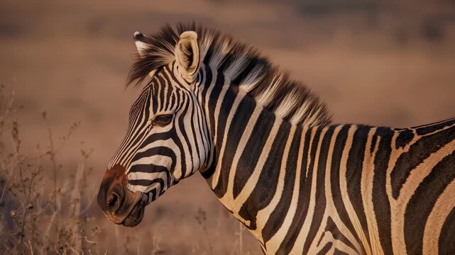 Close-up of a zebra with prominent black and white stripes gazing sideways amidst a golden grassy landscape in soft natural light showcasing fine details and textures.