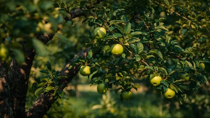 Close-up of green apples hanging on branches of a fruit tree surrounded by lush green leaves captured in soft natural light with a blurred background of pastoral landscape
