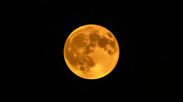 Vibrant orange full moon shining brightly in the night sky captured in three distinct phases: rising mid-peak and descending showcasing its detailed craters and serene black backdrop.