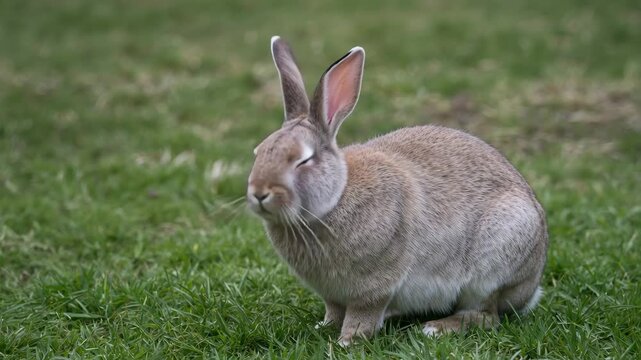 Close-up of a fluffy gray rabbit sitting on green grass in a natural outdoor setting turning its head and observing the surroundings with tall grass and soft natural light
