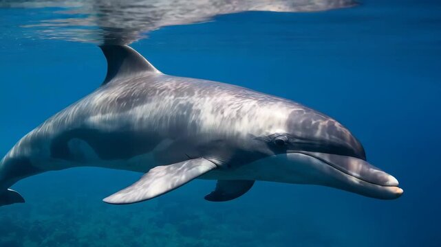 Graceful dolphin swimming gracefully in clear blue water showcasing smooth skin patterns and natural light reflections captured in a fluid motion sequence against a vibrant coral reef background