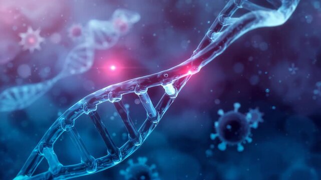 Close-up view of transparent DNA strands with glowing highlights and virus-like structures in a colorful blurred background showcasing intricate textures and a scientific theme - Powered by Adobe