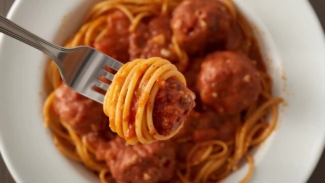 Delicious plate of spaghetti and meatballs with a fork showcasing a close-up of twirled pasta and sauce served on a white dish against a neutral background with warm lighting