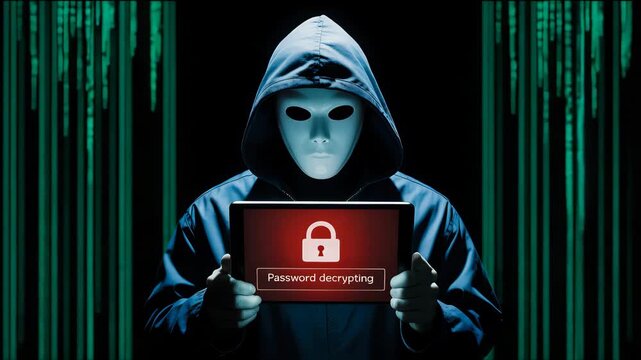 Anonymous hacker in hoodie and white mask holding tablet showing password decrypting screen with digital matrix background concept for cyber security threat
