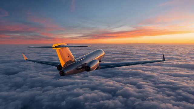 Sleek silver private jet gracefully maneuvering above thick clouds during sunset showcasing warm hues in the sky and intricate details of the aircraft under soft golden light