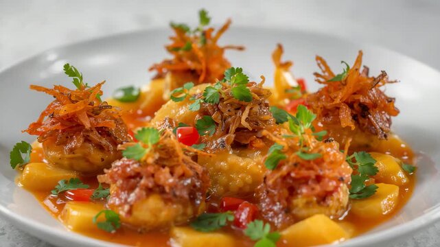 Vibrant dish of crispy fried shrimp topped with golden shallots on a glossy white plate surrounded by colorful mango cubes and fresh herbs in bright natural light
