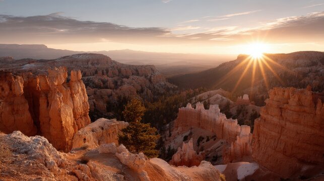 Landscape photograph of bryce canyon national park in utah, united states. the sky is a beautiful orange and yellow color, with the sun shining brightly in the top right corner. - Powered by Adobe