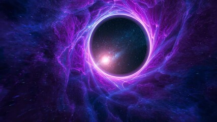 Immersive cosmic journey through a vibrant purple-tinted vortex showcasing a swirling galaxy at the center with consistently dynamic bright star imagery throughout the evolving space landscape - Powered by Adobe